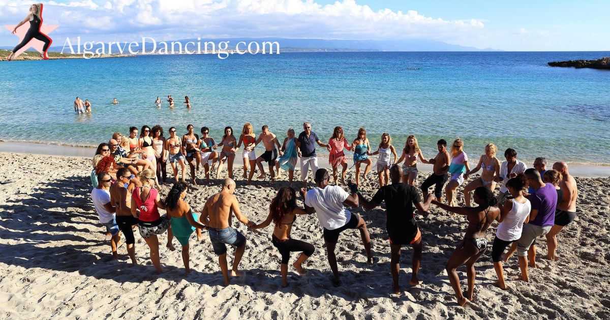 A group of people holding hands in a circle while dancing together, symbolizing the synchronization of movements and the connection of brainwaves, illustrating how dance fosters emotional understanding and a sense of closeness.